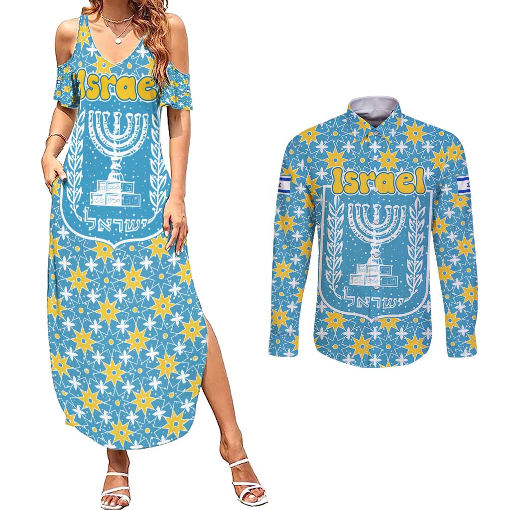 Israel Christmas Couples Matching Summer Maxi Dress and Long Sleeve Button Shirt with Blue-Yellow Star Pattern, Menorah, and Santa Motif - Wonder Print Shop