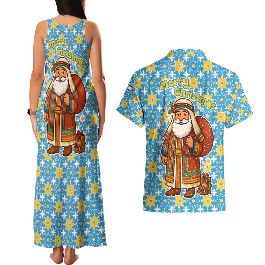 Israel Christmas Couples Matching Tank Maxi Dress and Hawaiian Shirt with Blue-Yellow Star Pattern, Menorah, and Santa Motif - Wonder Print Shop