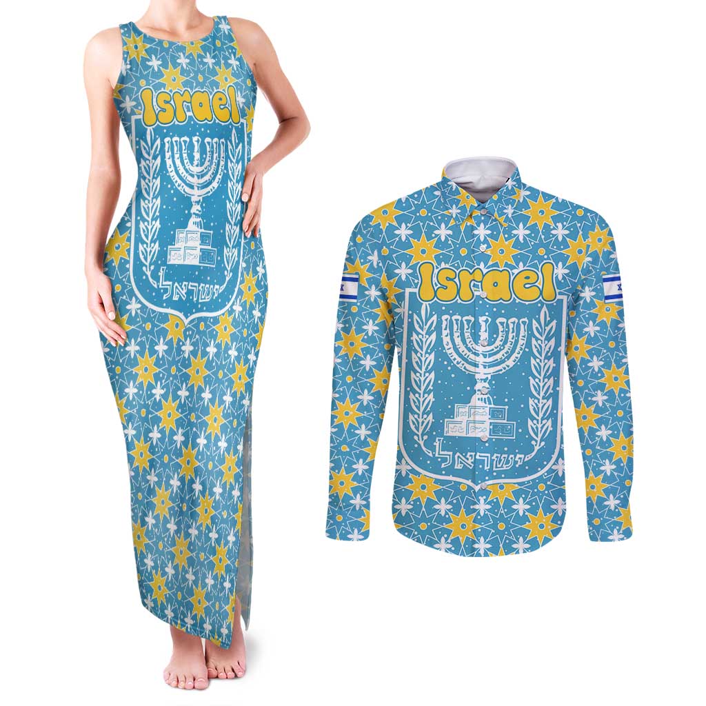 Israel Christmas Couples Matching Tank Maxi Dress and Long Sleeve Button Shirt with Blue-Yellow Star Pattern, Menorah, and Santa Motif - Wonder Print Shop