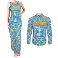 Israel Christmas Couples Matching Tank Maxi Dress and Long Sleeve Button Shirt with Blue-Yellow Star Pattern, Menorah, and Santa Motif - Wonder Print Shop