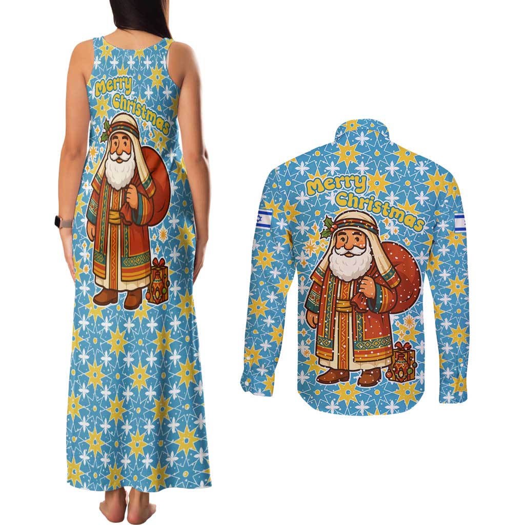 Israel Christmas Couples Matching Tank Maxi Dress and Long Sleeve Button Shirt with Blue-Yellow Star Pattern, Menorah, and Santa Motif - Wonder Print Shop