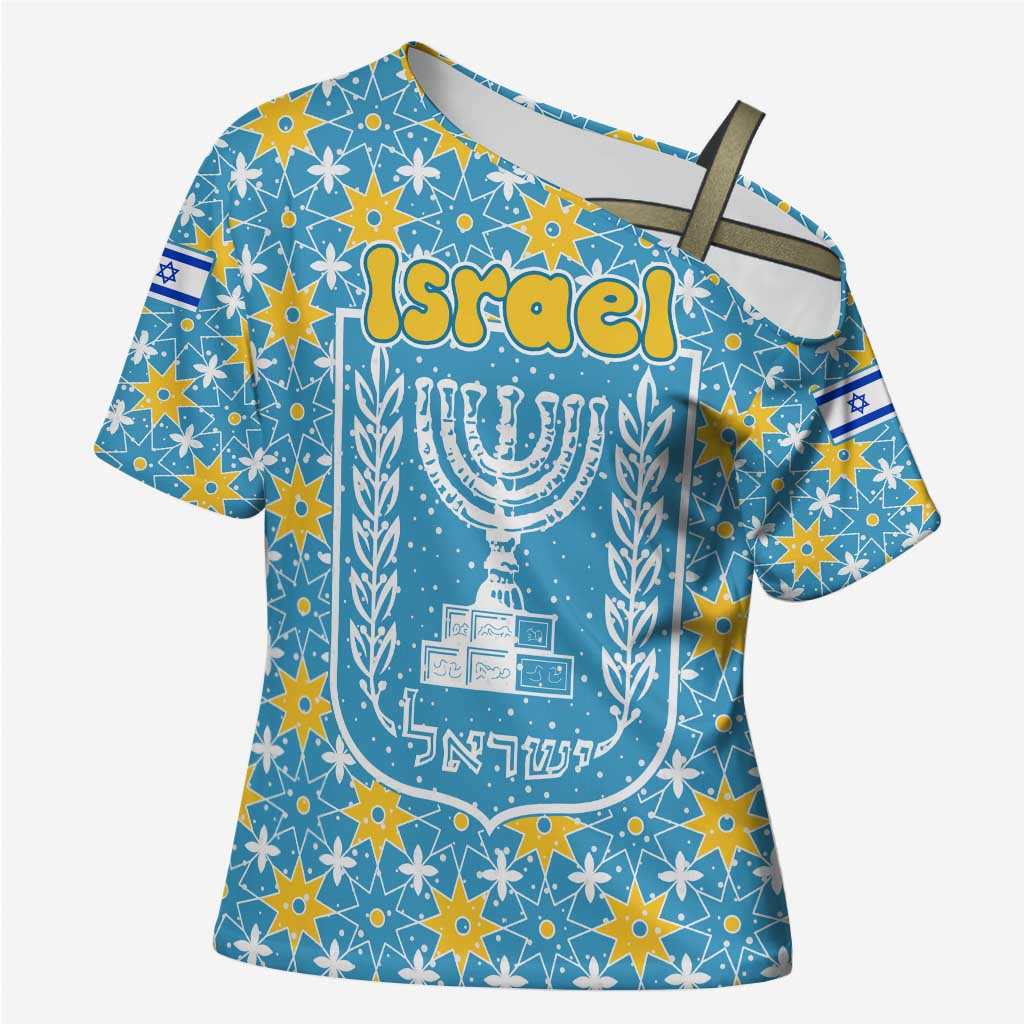 Israel Christmas Cross Shoulder Shirt with Blue-Yellow Star Pattern, Menorah, and Santa Motif - Wonder Print Shop