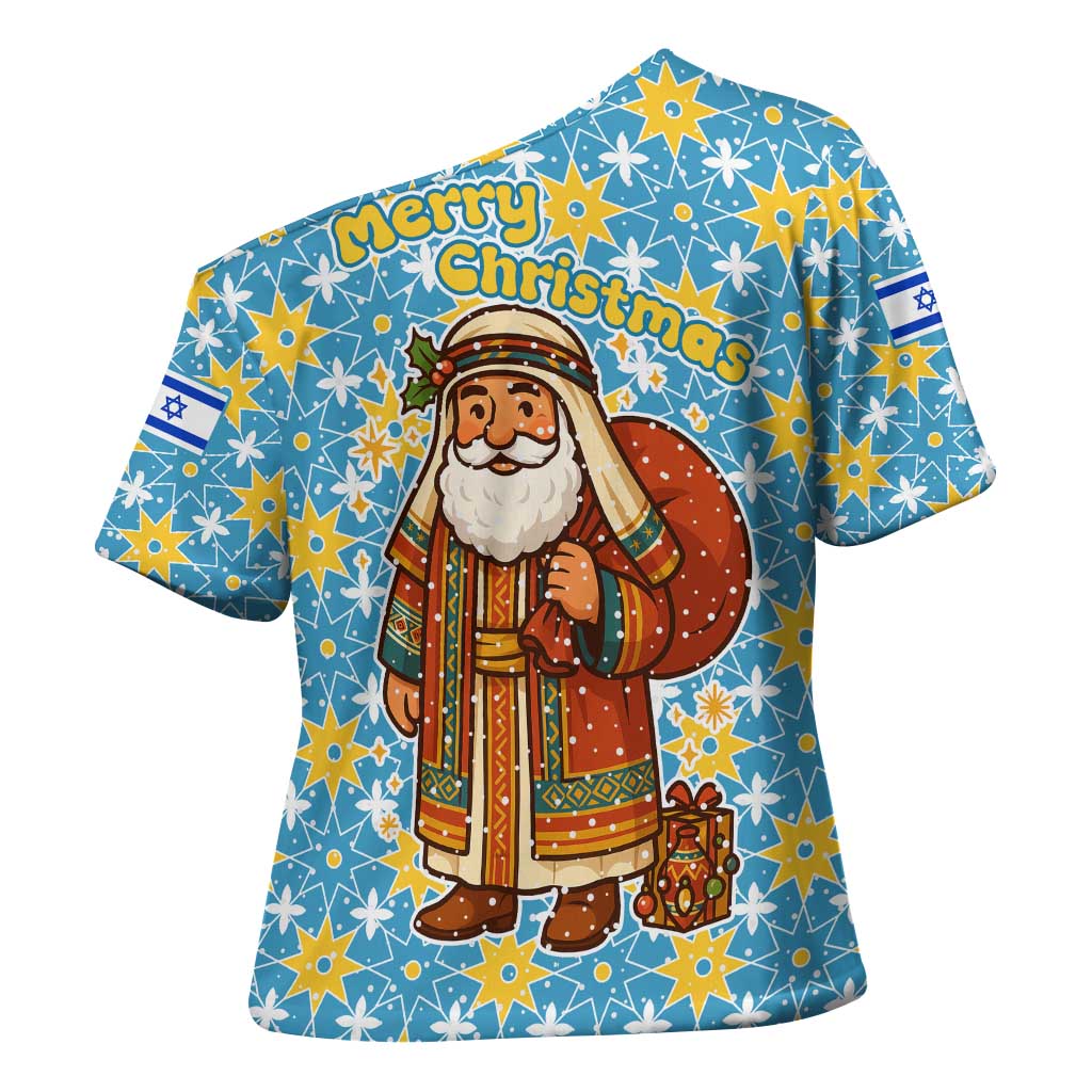 Israel Christmas Cross Shoulder Shirt with Blue-Yellow Star Pattern, Menorah, and Santa Motif - Wonder Print Shop
