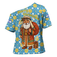Israel Christmas Cross Shoulder Shirt with Blue-Yellow Star Pattern, Menorah, and Santa Motif - Wonder Print Shop