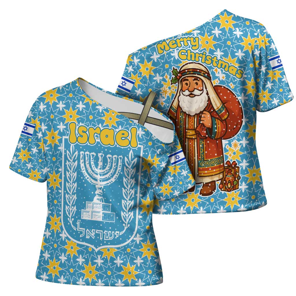 Israel Christmas Cross Shoulder Shirt with Blue-Yellow Star Pattern, Menorah, and Santa Motif - Wonder Print Shop
