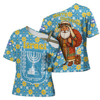 Israel Christmas Cross Shoulder Shirt with Blue-Yellow Star Pattern, Menorah, and Santa Motif - Wonder Print Shop