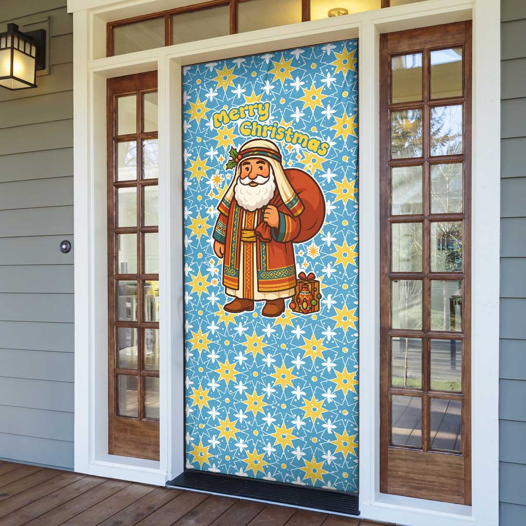 Israel Christmas Door Cover with Blue-Yellow Star Pattern, Menorah, and Santa Motif - Wonder Print Shop
