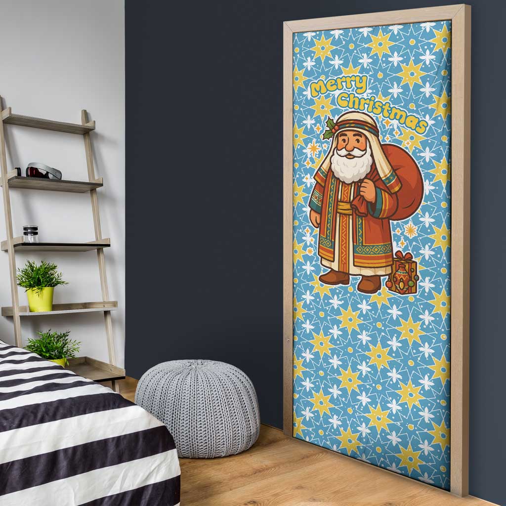 Israel Christmas Door Cover with Blue-Yellow Star Pattern, Menorah, and Santa Motif - Wonder Print Shop