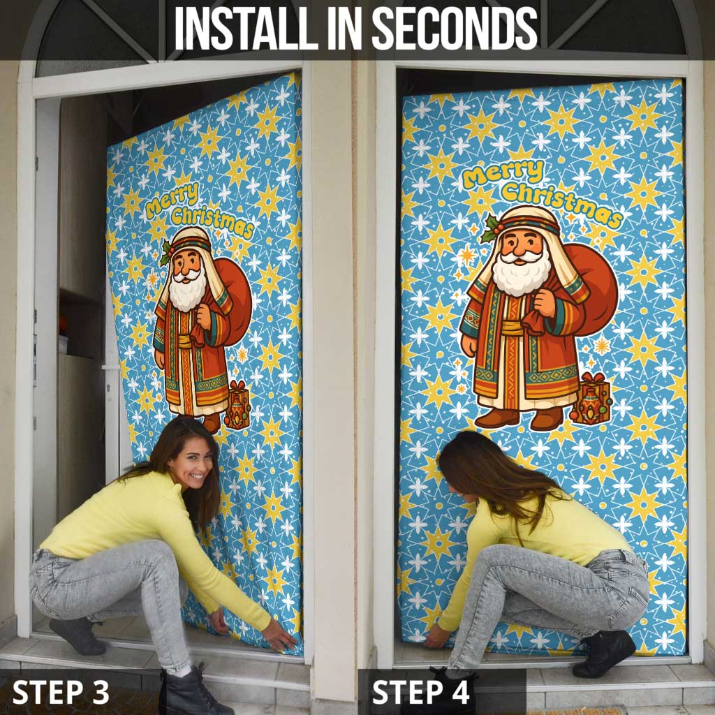 Israel Christmas Door Cover with Blue-Yellow Star Pattern, Menorah, and Santa Motif - Wonder Print Shop