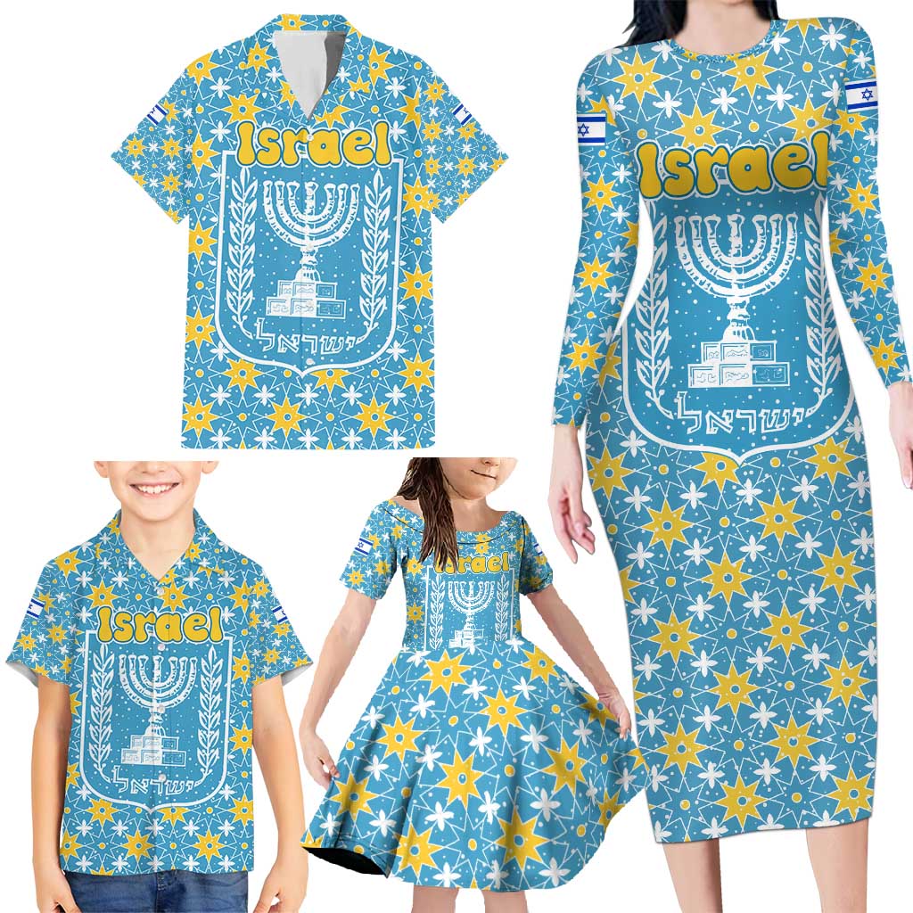 Israel Christmas Family Matching Long Sleeve Bodycon Dress and Hawaiian Shirt with Blue-Yellow Star Pattern, Menorah, and Santa Motif - Wonder Print Shop