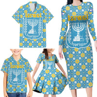 Israel Christmas Family Matching Long Sleeve Bodycon Dress and Hawaiian Shirt with Blue-Yellow Star Pattern, Menorah, and Santa Motif - Wonder Print Shop