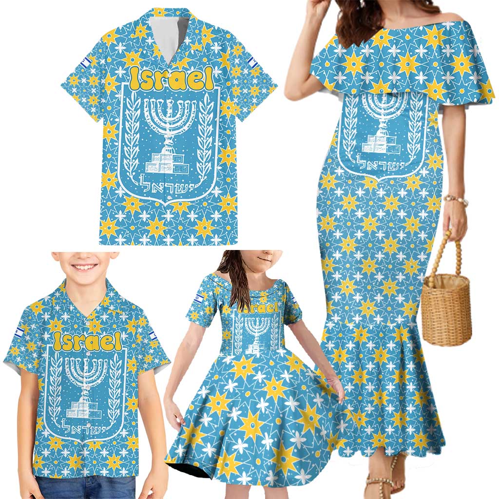 Israel Christmas Family Matching Mermaid Dress and Hawaiian Shirt with Blue-Yellow Star Pattern, Menorah, and Santa Motif - Wonder Print Shop