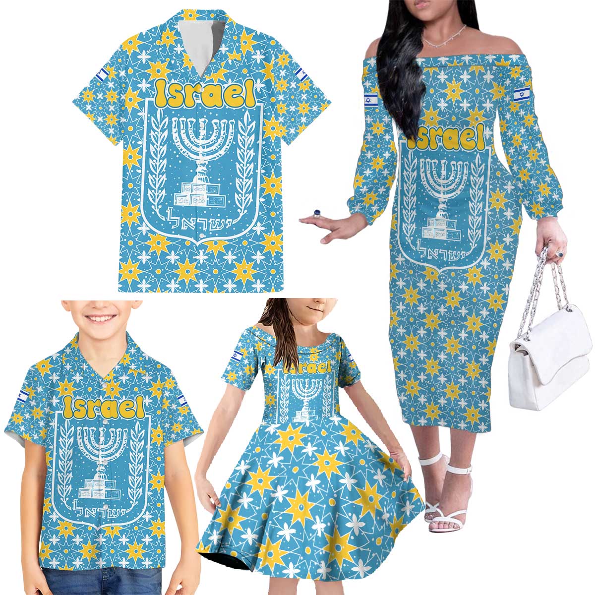 Israel Christmas Family Matching Off The Shoulder Long Sleeve Dress and Hawaiian Shirt with Blue-Yellow Star Pattern, Menorah, and Santa Motif - Wonder Print Shop