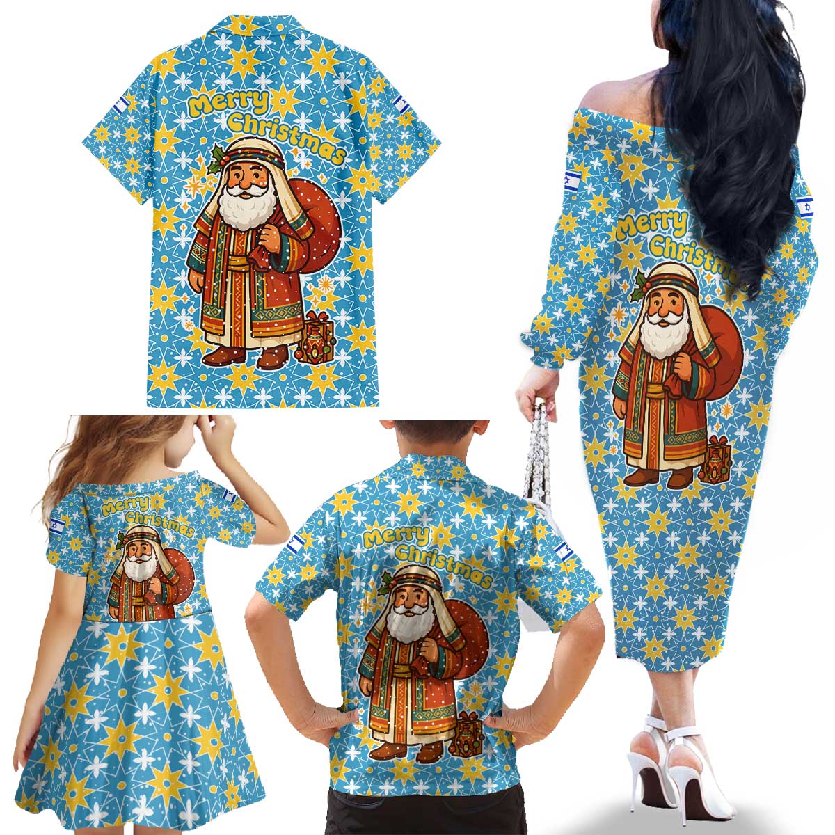 Israel Christmas Family Matching Off The Shoulder Long Sleeve Dress and Hawaiian Shirt with Blue-Yellow Star Pattern, Menorah, and Santa Motif - Wonder Print Shop