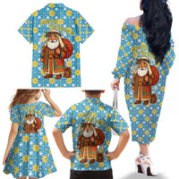 Israel Christmas Family Matching Off The Shoulder Long Sleeve Dress and Hawaiian Shirt with Blue-Yellow Star Pattern, Menorah, and Santa Motif - Wonder Print Shop