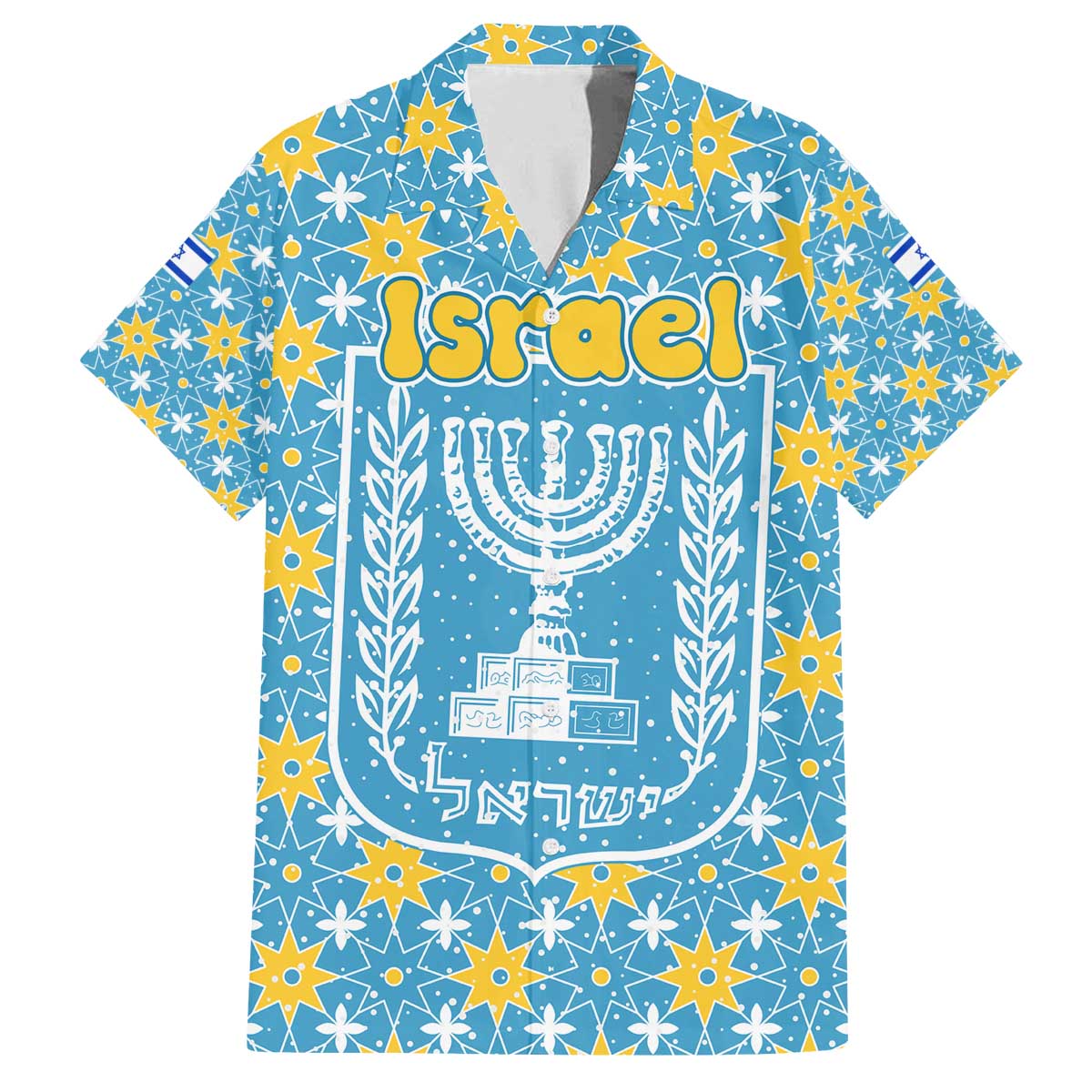 Israel Christmas Family Matching Off The Shoulder Long Sleeve Dress and Hawaiian Shirt with Blue-Yellow Star Pattern, Menorah, and Santa Motif - Wonder Print Shop