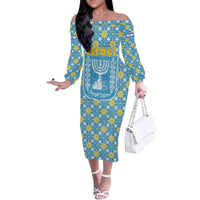 Israel Christmas Family Matching Off The Shoulder Long Sleeve Dress and Hawaiian Shirt with Blue-Yellow Star Pattern, Menorah, and Santa Motif - Wonder Print Shop
