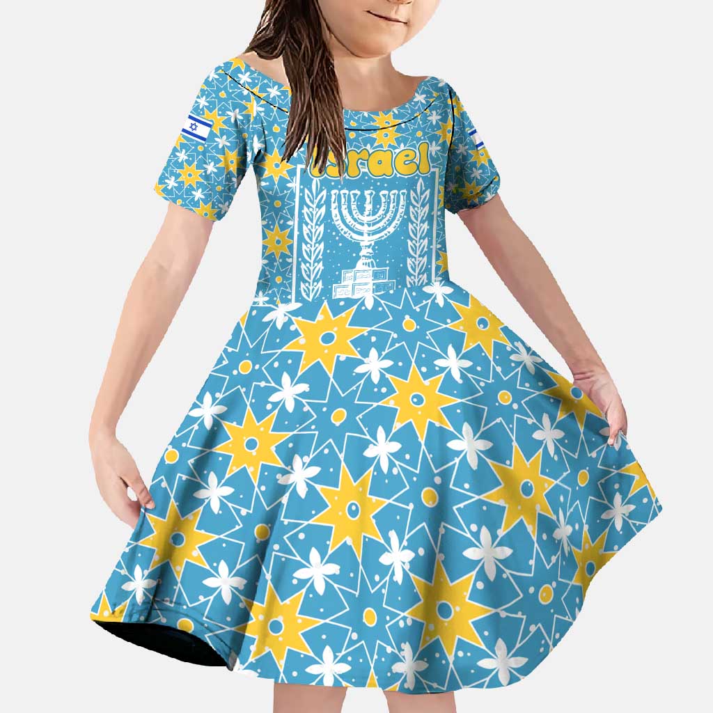 Israel Christmas Family Matching Off Shoulder Maxi Dress and Hawaiian Shirt with Blue-Yellow Star Pattern, Menorah, and Santa Motif - Wonder Print Shop