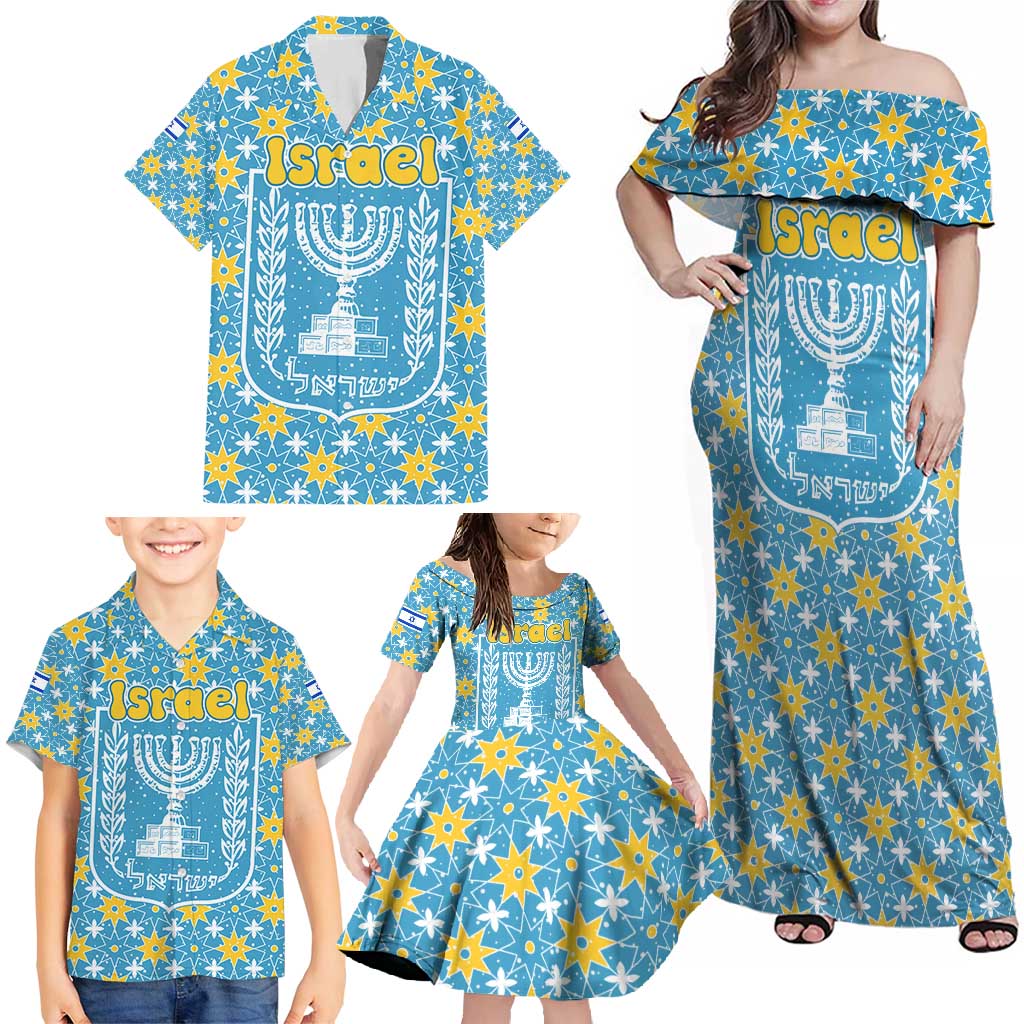 Israel Christmas Family Matching Off Shoulder Maxi Dress and Hawaiian Shirt with Blue-Yellow Star Pattern, Menorah, and Santa Motif - Wonder Print Shop