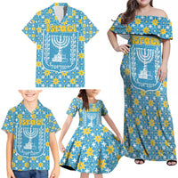 Israel Christmas Family Matching Off Shoulder Maxi Dress and Hawaiian Shirt with Blue-Yellow Star Pattern, Menorah, and Santa Motif - Wonder Print Shop