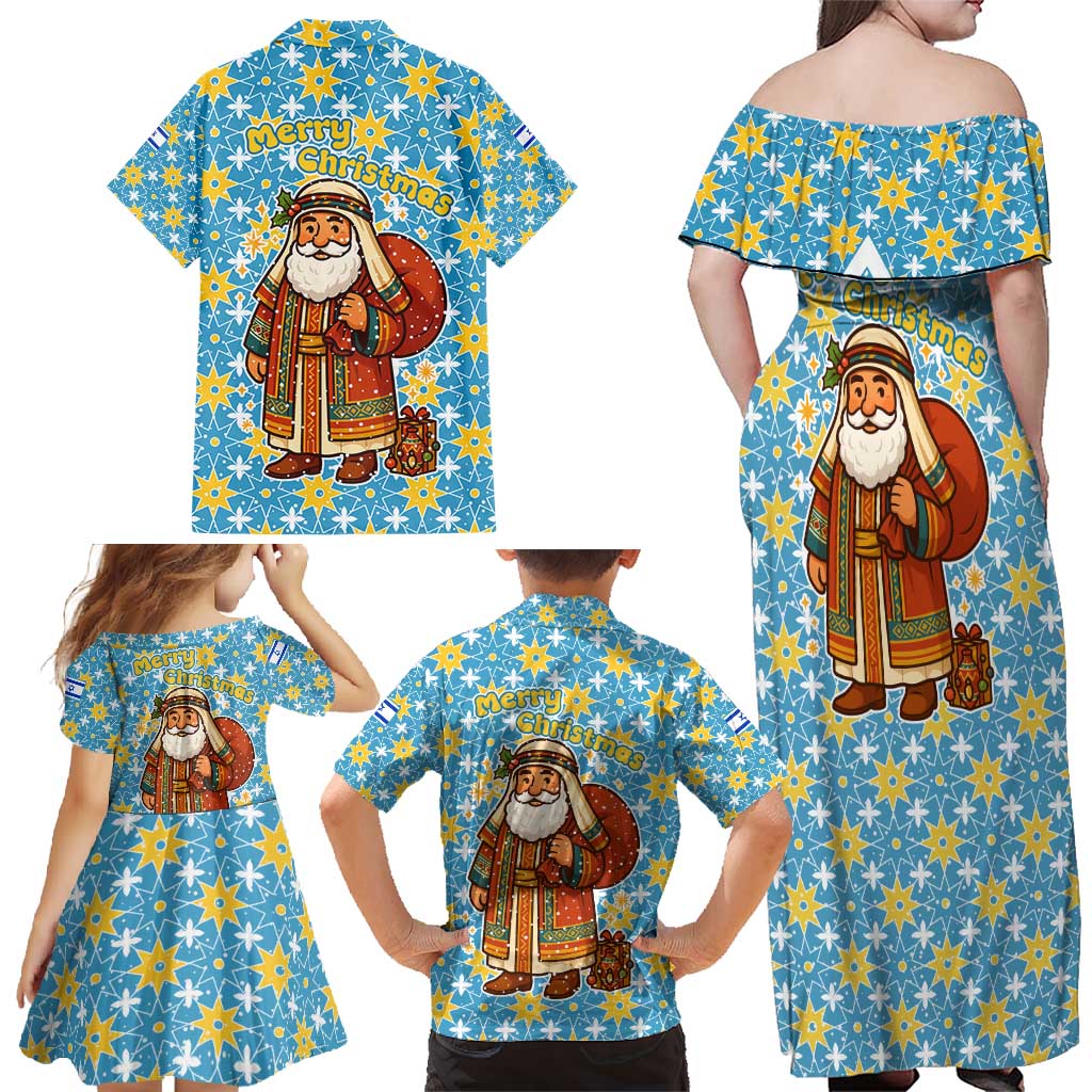 Israel Christmas Family Matching Off Shoulder Maxi Dress and Hawaiian Shirt with Blue-Yellow Star Pattern, Menorah, and Santa Motif - Wonder Print Shop