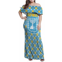 Israel Christmas Family Matching Off Shoulder Maxi Dress and Hawaiian Shirt with Blue-Yellow Star Pattern, Menorah, and Santa Motif - Wonder Print Shop