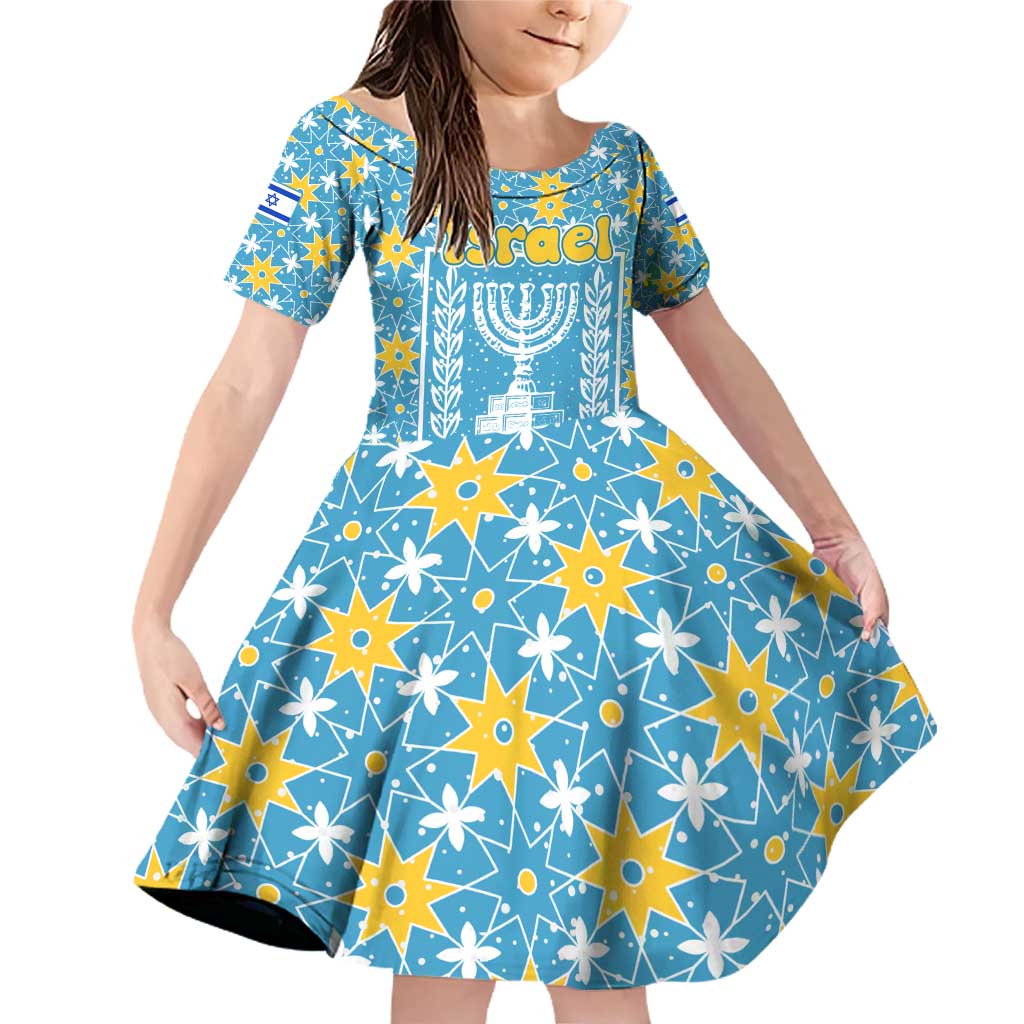 Israel Christmas Family Matching Off Shoulder Short Dress and Hawaiian Shirt with Blue-Yellow Star Pattern, Menorah, and Santa Motif - Wonder Print Shop