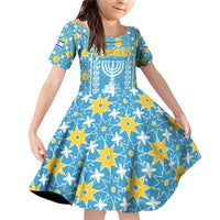 Israel Christmas Family Matching Off Shoulder Short Dress and Hawaiian Shirt with Blue-Yellow Star Pattern, Menorah, and Santa Motif - Wonder Print Shop