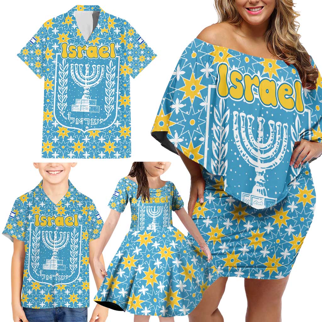 Israel Christmas Family Matching Off Shoulder Short Dress and Hawaiian Shirt with Blue-Yellow Star Pattern, Menorah, and Santa Motif - Wonder Print Shop