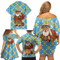 Israel Christmas Family Matching Off Shoulder Short Dress and Hawaiian Shirt with Blue-Yellow Star Pattern, Menorah, and Santa Motif - Wonder Print Shop