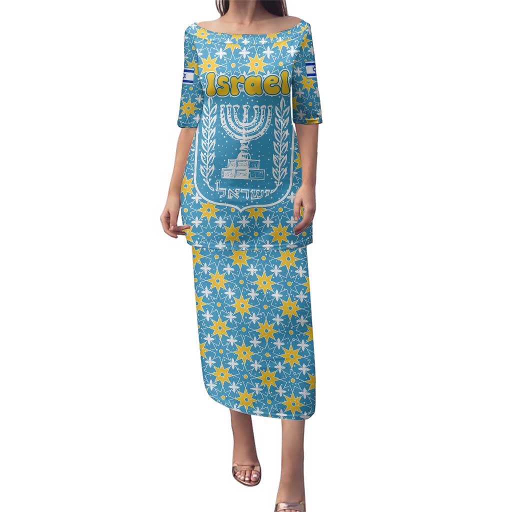 Israel Christmas Family Matching Puletasi and Hawaiian Shirt with Blue-Yellow Star Pattern, Menorah, and Santa Motif - Wonder Print Shop