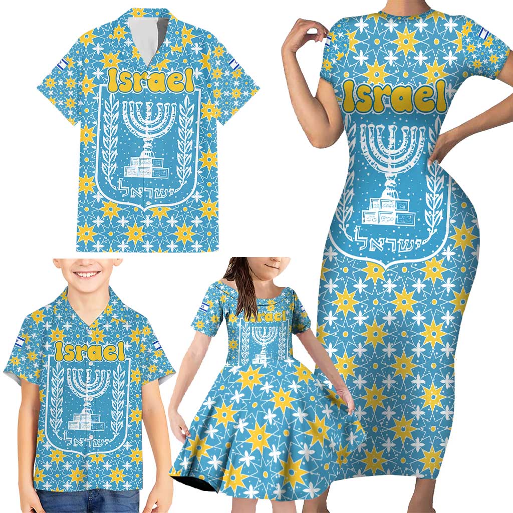 Israel Christmas Family Matching Short Sleeve Bodycon Dress and Hawaiian Shirt with Blue-Yellow Star Pattern, Menorah, and Santa Motif - Wonder Print Shop
