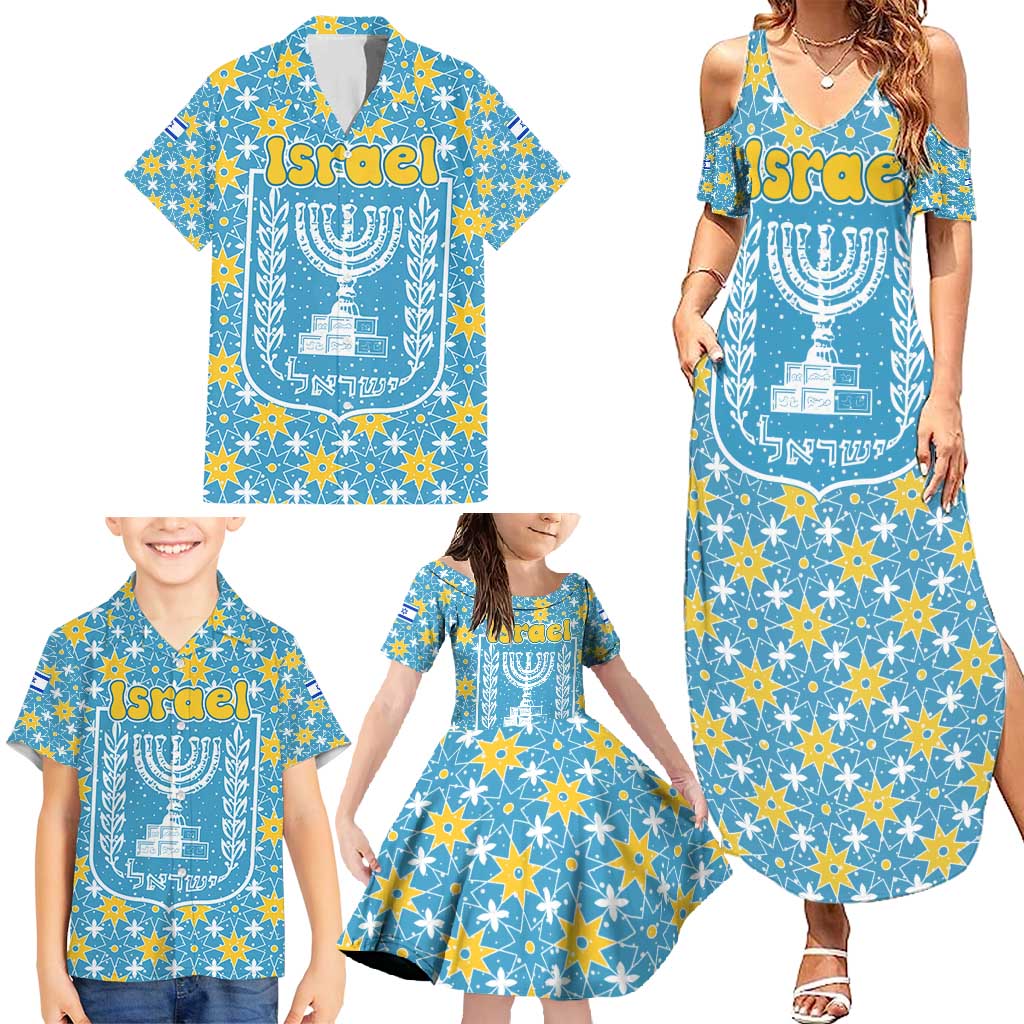 Israel Christmas Family Matching Summer Maxi Dress and Hawaiian Shirt with Blue-Yellow Star Pattern, Menorah, and Santa Motif - Wonder Print Shop