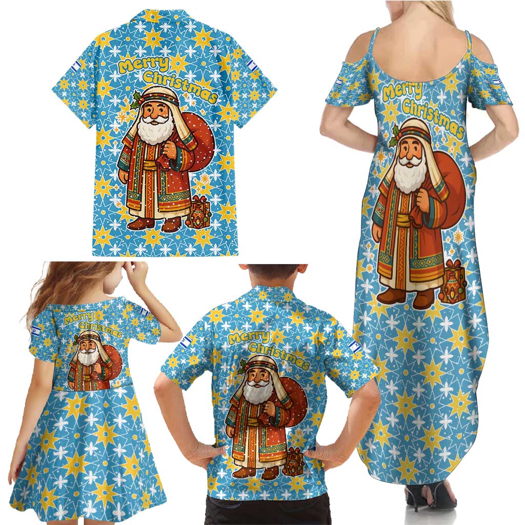 Israel Christmas Family Matching Summer Maxi Dress and Hawaiian Shirt with Blue-Yellow Star Pattern, Menorah, and Santa Motif - Wonder Print Shop