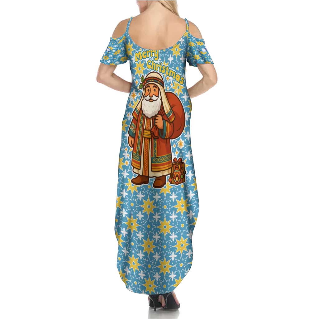 Israel Christmas Family Matching Summer Maxi Dress and Hawaiian Shirt with Blue-Yellow Star Pattern, Menorah, and Santa Motif - Wonder Print Shop