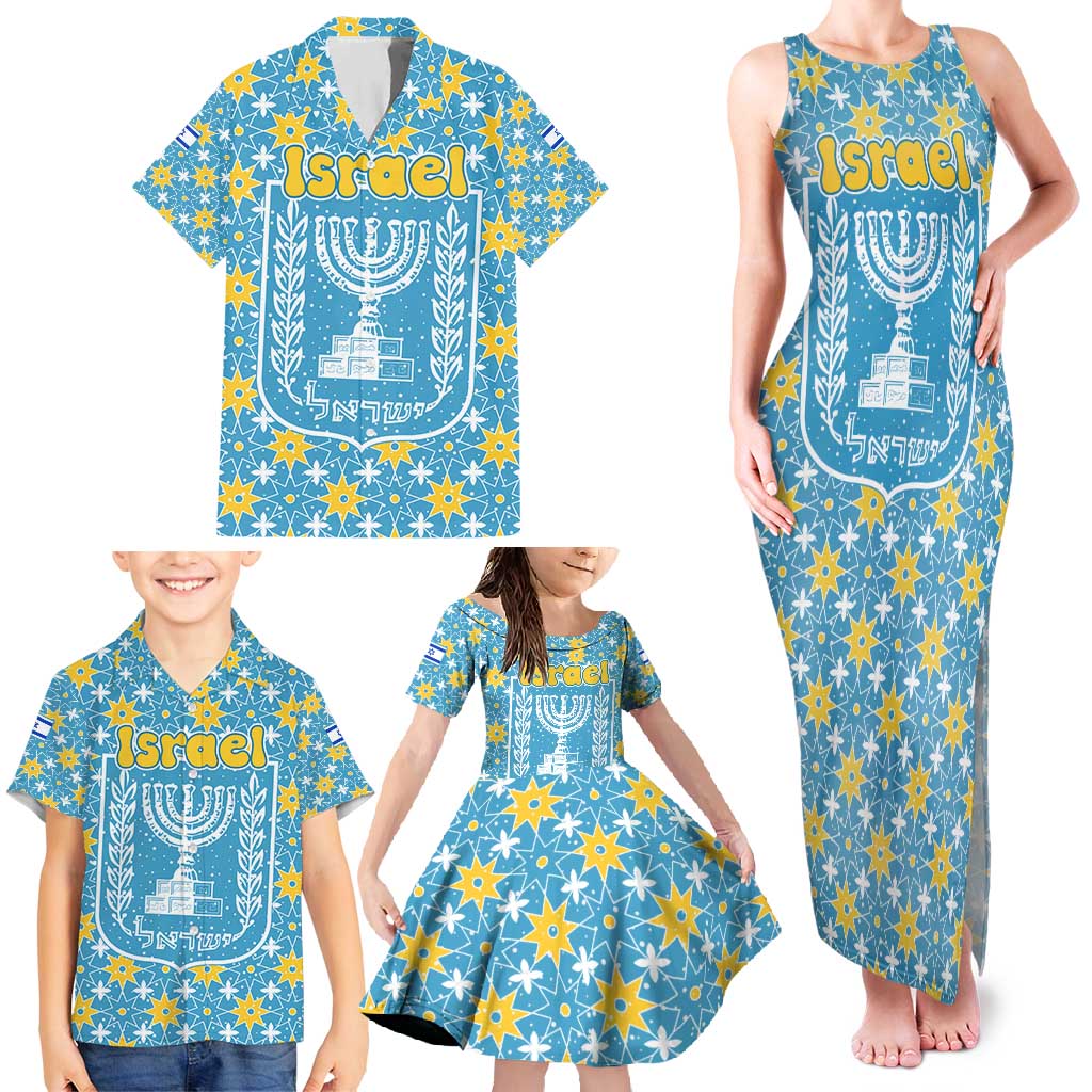 Israel Christmas Family Matching Tank Maxi Dress and Hawaiian Shirt with Blue-Yellow Star Pattern, Menorah, and Santa Motif - Wonder Print Shop