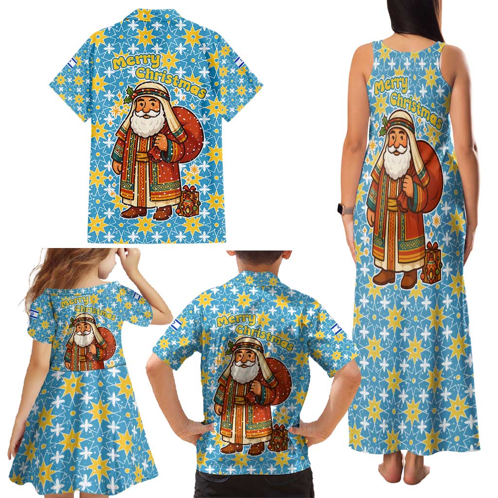 Israel Christmas Family Matching Tank Maxi Dress and Hawaiian Shirt with Blue-Yellow Star Pattern, Menorah, and Santa Motif - Wonder Print Shop
