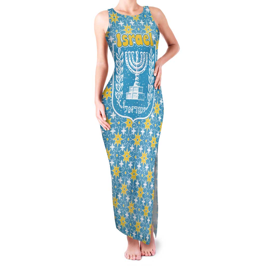 Israel Christmas Family Matching Tank Maxi Dress and Hawaiian Shirt with Blue-Yellow Star Pattern, Menorah, and Santa Motif - Wonder Print Shop