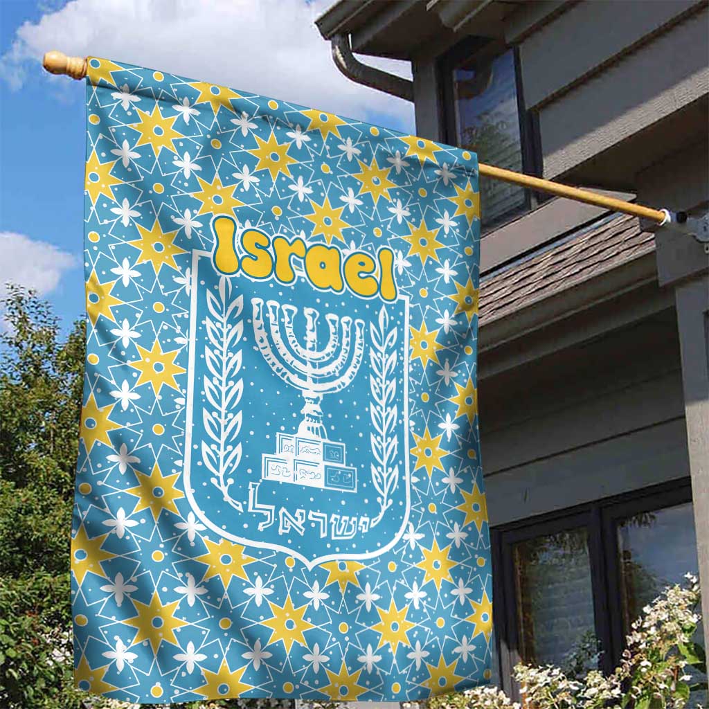 Israel Christmas Garden Flag with Blue-Yellow Star Pattern, Menorah, and Santa Motif - Wonder Print Shop