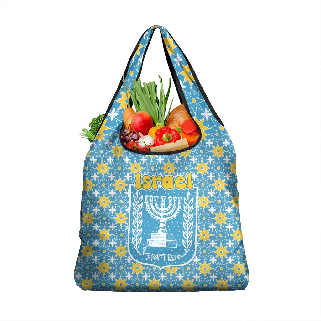 Israel Christmas Grocery Bag with Blue-Yellow Star Pattern, Menorah, and Santa Motif - Wonder Print Shop