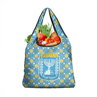 Israel Christmas Grocery Bag with Blue-Yellow Star Pattern, Menorah, and Santa Motif - Wonder Print Shop