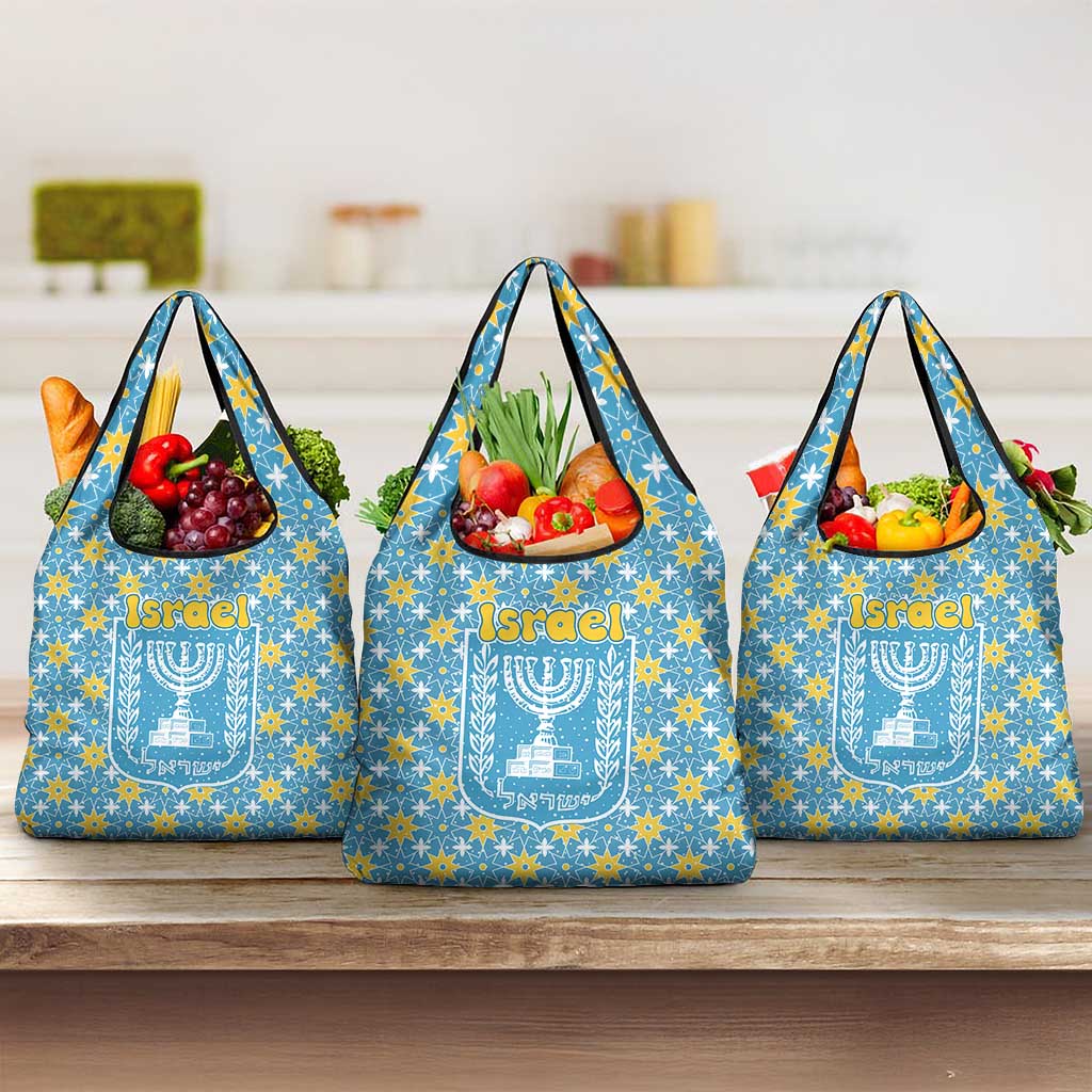 Israel Christmas Grocery Bag with Blue-Yellow Star Pattern, Menorah, and Santa Motif - Wonder Print Shop