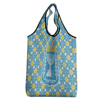 Israel Christmas Grocery Bag with Blue-Yellow Star Pattern, Menorah, and Santa Motif - Wonder Print Shop