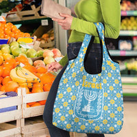 Israel Christmas Grocery Bag with Blue-Yellow Star Pattern, Menorah, and Santa Motif - Wonder Print Shop