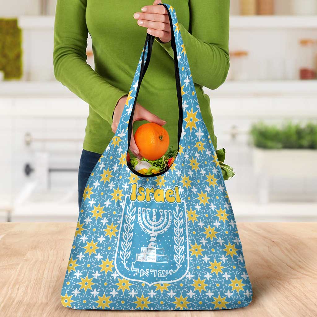 Israel Christmas Grocery Bag with Blue-Yellow Star Pattern, Menorah, and Santa Motif - Wonder Print Shop