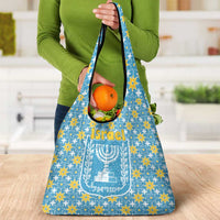 Israel Christmas Grocery Bag with Blue-Yellow Star Pattern, Menorah, and Santa Motif - Wonder Print Shop