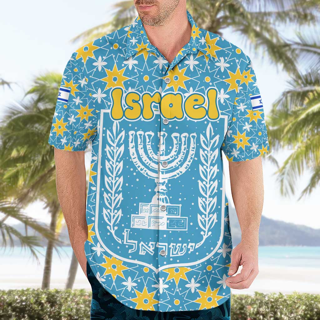 Israel Christmas Hawaiian Shirt with Blue-Yellow Star Pattern, Menorah, and Santa Motif - Wonder Print Shop