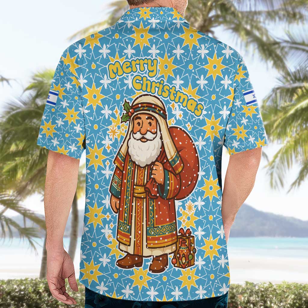 Israel Christmas Hawaiian Shirt with Blue-Yellow Star Pattern, Menorah, and Santa Motif - Wonder Print Shop