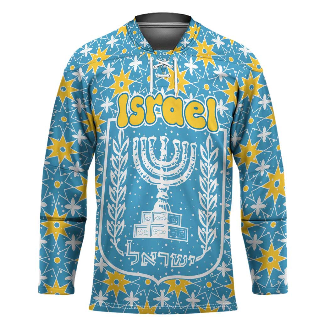 Israel Christmas Hockey Jersey with Blue-Yellow Star Pattern, Menorah, and Santa Motif - Wonder Print Shop