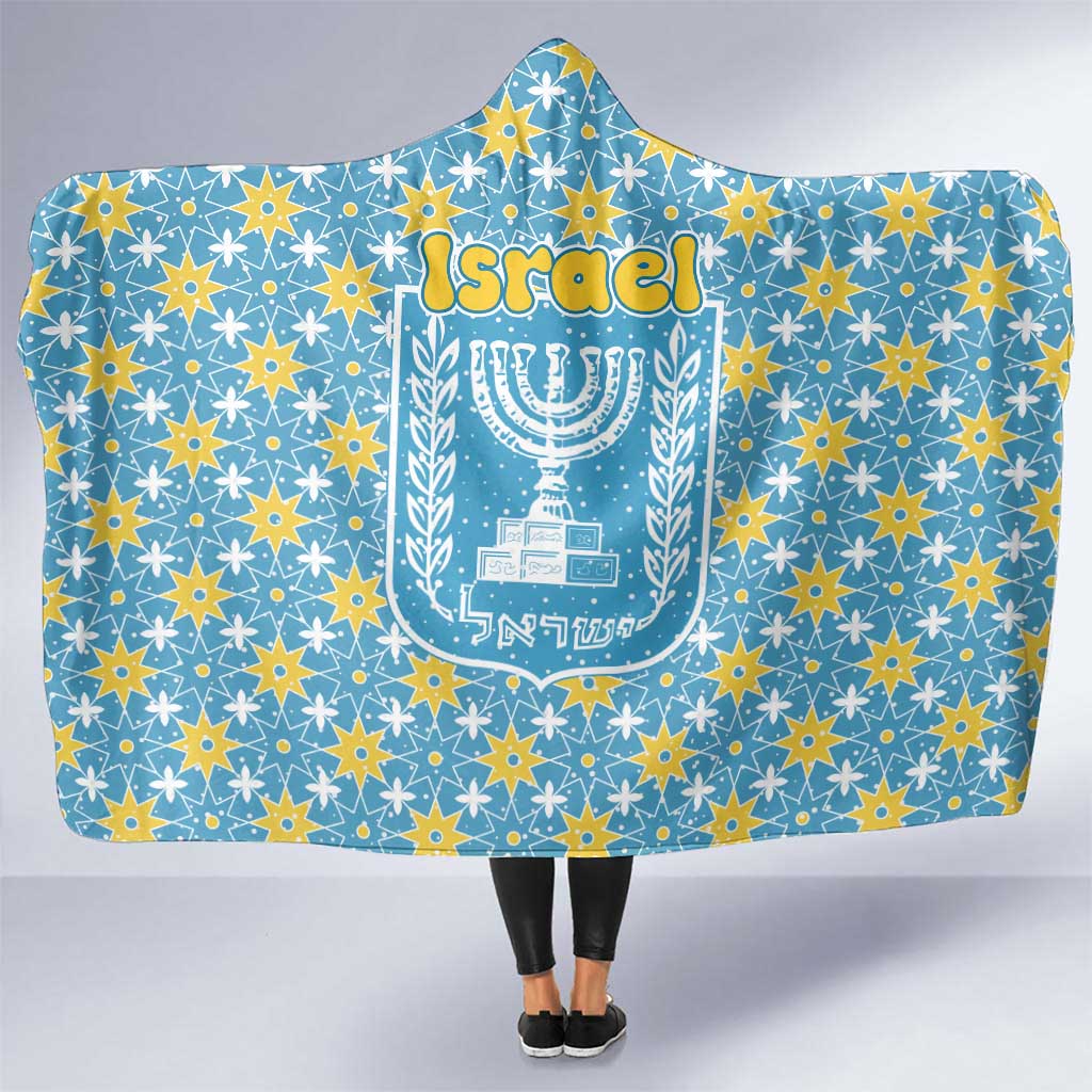 Israel Christmas Hooded Blanket with Blue-Yellow Star Pattern, Menorah, and Santa Motif - Wonder Print Shop